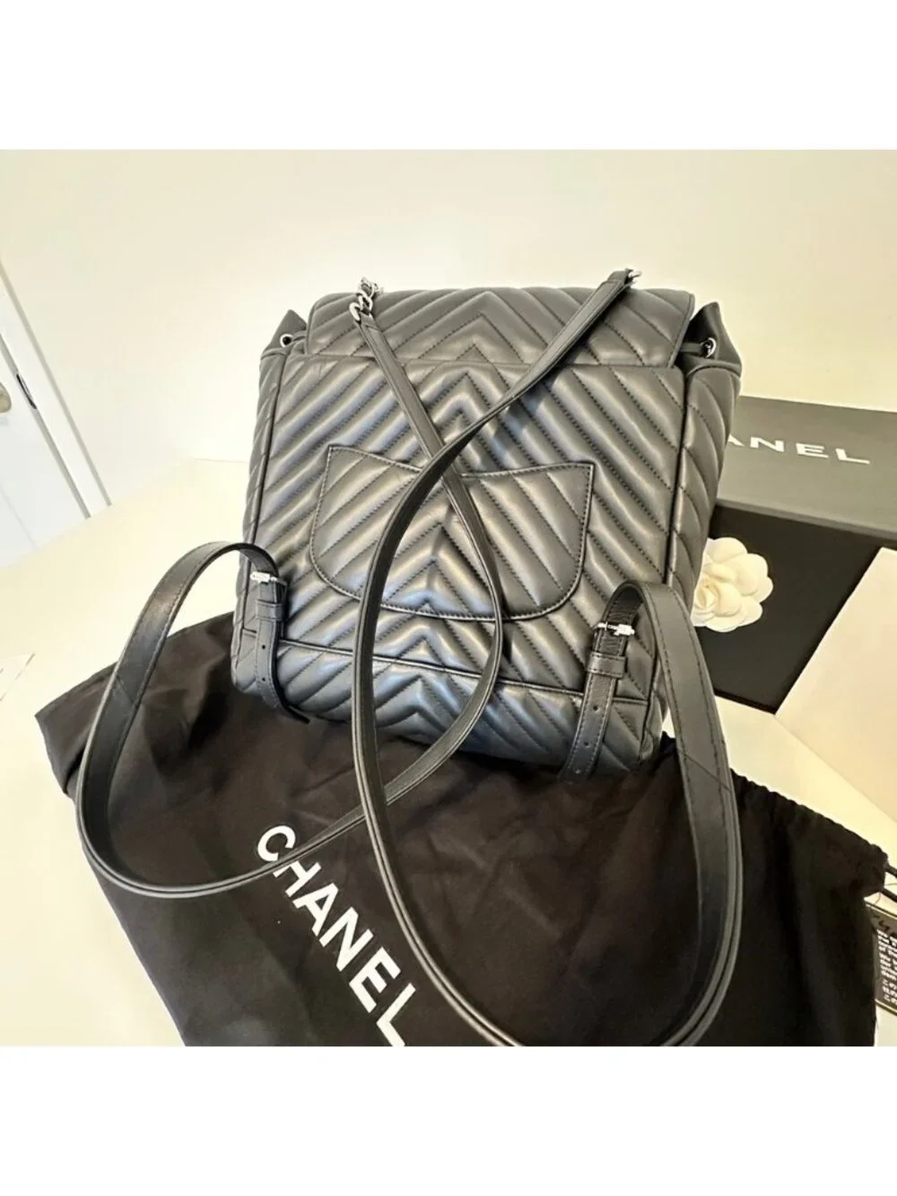 Chanel Black Chevron Quilted Lambskin Leather Large Urban Spirit Backpack